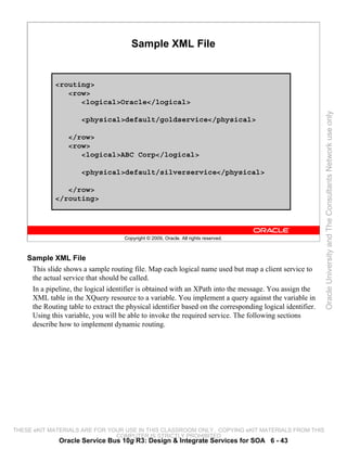 Sample XML File


             <routing>
                <row>
                   <logical>Oracle</logical>




                                                                                                           Oracle University and The Consultants Network use only
                      <physical>default/goldservice</physical>

                 </row>
                 <row>
                    <logical>ABC Corp</logical>

                      <physical>default/silverservice</physical>

                </row>
             </routing>




                                     Copyright © 2009, Oracle. All rights reserved.



    Sample XML File
     This slide shows a sample routing file. Map each logical name used but map a client service to
     the actual service that should be called.
     In a pipeline, the logical identifier is obtained with an XPath into the message. You assign the
     XML table in the XQuery resource to a variable. You implement a query against the variable in
     the Routing table to extract the physical identifier based on the corresponding logical identifier.
     Using this variable, you will be able to invoke the required service. The following sections
     describe how to implement dynamic routing.




THESE eKIT MATERIALS ARE FOR YOUR USE IN THIS CLASSROOM ONLY. COPYING eKIT MATERIALS FROM THIS
                               COMPUTER IS STRICTLY PROHIBITED
              Oracle Service Bus 10g R3: Design & Integrate Services for SOA 6 - 43
 