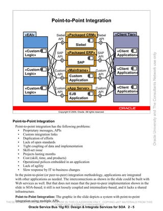 Point-to-Point Integration

             «EAI»                 Siebel «Packaged CRM» Siebel                      «Client Tier»
                                    API                   API
                                                     Siebel
             «Custom                        «Packaged ERP» SAP                        «Client
                                   SAP




                                                                                                          Oracle University and The Consultants Network use only
             Logic»                API                                      API       Application»

                                                      SAP

             «Custom                                                                  «Client
                                  Custom «Mainframe»                     Custom
             Logic»                API                                    API
                                                                                      Application»
                                              Custom
                                              Application

             «Custom              Custom «App Server»                    Custom       «Client
             Logic»                API                                    API         Application»
                                              EJB
                                              Application


                                    Copyright © 2009, Oracle. All rights reserved.



    Point-to-Point Integration
      Point-to-point integration has the following problems:
        • Proprietary messages, APIs
        • Custom integration links
        • Duplication of efforts
        • Lack of open standards
        • Tight coupling of data and implementation
        • Skill-set issue
        • Projects lasting months
        • Cost (skill, time, and products)
        • Operational polices embedded in an application
        • Lack of agility
        • Slow response by IT to business changes
      In the point-to-point (or peer-to-peer) integration methodology, applications are integrated
      with other applications as needed. The interconnections as shown in the slide could be built with
      Web services as well. But that does not mean that the peer-to-peer implementation shown in the
      slide is SOA-based; it still is not loosely coupled and intermediary-based, and it lacks a shared
      infrastructure.
      Point-to-Point Integration: The graphic in the slide depicts a system with point-to-point
THESE integration using multiple APIs.
      eKIT MATERIALS ARE FOR YOUR USE IN THIS CLASSROOM ONLY. COPYING eKIT MATERIALS FROM THIS
                                  COMPUTER IS STRICTLY PROHIBITED
               Oracle Service Bus 10g R3: Design & Integrate Services for SOA 2 - 5
 