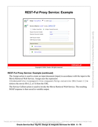 REST-Ful Proxy Service: Example




                                                                                                         Oracle University and The Consultants Network use only
                                    Copyright © 2009, Oracle. All rights reserved.



    REST-Ful Proxy Service: Example (continued)
     The Assign action is used to create an input document (input) in accordance with the input to the
     Movie Retrieval Web Service. Assign uses the expression
     {$inbound/ctx:transport/ctx:request/http:relative-URI/text()} to
     retrieve the movie ID (1,2, or 3) from the URL.
     The Service Callout action is used to invoke the Movie Retrieval Web Service. The resulting
     SOAP response is then saved in variable output.




THESE eKIT MATERIALS ARE FOR YOUR USE IN THIS CLASSROOM ONLY. COPYING eKIT MATERIALS FROM THIS
                               COMPUTER IS STRICTLY PROHIBITED
              Oracle Service Bus 10g R3: Design & Integrate Services for SOA 6 - 70
 
