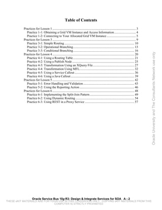 Table of Contents
           Practices for Lesson 1 ......................................................................................................... 3
             Practice 1-1: Obtaining a Grid VM Instance and Access Information ........................... 4
             Practice 1-2: Connecting to Your Allocated Grid VM Instance ..................................... 5
           Practices for Lesson 3 ......................................................................................................... 9
             Practice 3-1: Simple Routing ........................................................................................ 10
             Practice 3-2: Operational Branching............................................................................. 13
             Practice 3-3: Conditional Branching ............................................................................. 16




                                                                                                                                                Oracle University and The Consultants Network use only
           Practices for Lesson 4 ....................................................................................................... 20
             Practice 4-1: Using a Routing Table ............................................................................. 21
             Practice 4-2: Using a Publish Node .............................................................................. 25
             Practice 4-3: Transformation Using an XQuery File .................................................... 27
             Practice 4-4: Transformation Using MFL..................................................................... 32
             Practice 4-5: Using a Service Callout ........................................................................... 36
             Practice 4-6: Using a Java Callout ................................................................................ 39
           Practices for Lesson 5 ....................................................................................................... 42
             Practice 5-1: Error Handling and Validation ................................................................ 43
             Practice 5-2: Using the Reporting Action ..................................................................... 46
           Practices for Lesson 6 ....................................................................................................... 48
             Practice 6-1: Implementing the Split-Join Pattern ........................................................ 49
             Practice 6-2: Using Dynamic Routing .......................................................................... 54
             Practice 6-3: Using REST in a Proxy Service .............................................................. 57




                    Oracle Service Bus 10g R3: Design & Integrate Services for SOA A - 2
THESE eKIT MATERIALS ARE FOR YOUR USE IN THIS CLASSROOM ONLY. COPYING eKIT MATERIALS FROM THIS
                               COMPUTER IS STRICTLY PROHIBITED
 