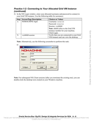 Practice 1-2: Connecting to Your Allocated Grid VM Instance
           (continued)
           2) In the NX Login window, enter your allocated username and password to connect to
              your Grid VM instance. Use the following table for assistance:
              Step Screen/Page Description               Choices or Values
               a.  NOMACHINE login                       Username: oracle
                                                         Password: oracle
                                                         Session: vxNNNN
                                                         Note: NNNN refers to the Grid VM
                                                         instance number for your machine.




                                                                                                      Oracle University and The Consultants Network use only
                                                         Click Login.
               b.      vxNNNN session                    Verify that you are connected to your Grid
                                                         VM instance and can view the desktop.

              Note: Alternatively, use the following screenshot to perform this task:
              a)




           Note: For subsequent NX Client sessions (after you terminate the existing one), you can
           double-click the desktop icon created on your Windows machine.




                    Oracle Service Bus 10g R3: Design & Integrate Services for SOA A - 8
THESE eKIT MATERIALS ARE FOR YOUR USE IN THIS CLASSROOM ONLY. COPYING eKIT MATERIALS FROM THIS
                               COMPUTER IS STRICTLY PROHIBITED
 