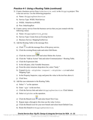 Practice 4-1: Using a Routing Table (continued)
           3) Create a business service from OrderService.wsdl in the Shipping project. This
              is the test service. Use the following properties:
              a) Name: ShippingTestService
              b) Service Type: WSDL Web Service
              c) WSDL: OrderServiceWSDL
              d) Port: OrderSoapPort
           4) Create a proxy service from the business service that you just created with the
              following values:




                                                                                                 Oracle University and The Consultants Network use only
              a) Name: ShippingService_proxy
              b) Service Type: Create from an Existing Service
              c) Business Service: ShippingTestService
           5) Add the Routing Table to the message flow.

              a) Click      to edit the message flow of the proxy service.
              b) Click the existing Route node and select Edit Route.

              c) Click the Action icon          and select Delete this Action.
              d) Click the “Add an Action” link and select Communication > Routing Table.
              e) Click the Expression link.
              f) In the left pane, click Variable Structures.
              g) From the select structure drop-down list, select “body.”
              h) Expand $body – shipOrder (request) > shipOrder > ord and select
                 Shipping Type.
              i) In the Property Inspector, copy and paste the value to the text box above it.
              j) Click Save.
           6) Add the case statements to the Routing Table.
              a) Select “=” as the operator.
              b) Enter ‘ups’ in the text box.
              c) Click the Service link and select ShippingTestService. Click Submit.
              d) Select shipOrder as the operation.


              e) Click the Branch icon        and select Insert New Case.
              f) Repeat steps a through d, this time use the value fedex.
              g) Click the Branch icon for your new branch and select Insert Default Case.
              h) Route this branch to ShippingTestService.


                Oracle Service Bus 10g R3: Design & Integrate Services for SOA A - 23
THESE eKIT MATERIALS ARE FOR YOUR USE IN THIS CLASSROOM ONLY. COPYING eKIT MATERIALS FROM THIS
                               COMPUTER IS STRICTLY PROHIBITED
 