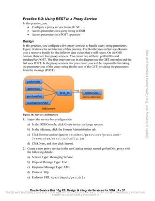 Practice 6-3: Using REST in a Proxy Service
           In this practice, you:
               • Configure a proxy service to use REST
               • Access parameters in a query string in OSB
               • Access parameters in a POST operation

           Design
           In this practice, you configure a few proxy services to handle query string parameters.
           Figure 14 shows the architecture of this practice. The RestService on ServicesDomain




                                                                                                       Oracle University and The Consultants Network use only
           uses a resource bundle for the different data values that it will return. On the OSB
           domain, there are four proxy services. You create two of them: getPartDtls and
           purchasePartPOST. The first three services in the diagram use the GET operation and the
           last uses POST. In the proxy services that you create, you will be responsible for taking
           the parameters out of the query string (in the case of the GET) or taking the parameters
           from the message (POST).




           Figure 14: Services Architecture
           1) Import the service bus configuration.
               a) In the OSB Console, click Create to start a change session.
               b) In the left pane, click the System Administration tab.
               c) Click Browse and navigate to /student/practices/practice6-
                  3/exercise/startingConfig.jar.
               d) Click Next, and then click Import.
           2) Create a new proxy service in the partCatalog project named getPartDtls_proxy with
              the following details:
               a) Service Type: Messaging Service
               b) Request Message Type: Text
               c) Response Message Type: XML
               d) Protocol: http
               e) Endpoint URI: /partdepot/partdtls



                 Oracle Service Bus 10g R3: Design & Integrate Services for SOA A - 57
THESE eKIT MATERIALS ARE FOR YOUR USE IN THIS CLASSROOM ONLY. COPYING eKIT MATERIALS FROM THIS
                               COMPUTER IS STRICTLY PROHIBITED
 