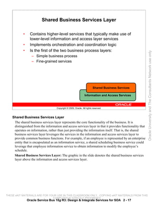 Shared Business Services Layer

            •     Contains higher-level services that typically make use of
                  lower-level information and access layer services
            •     Implements orchestration and coordination logic
            •     Is the first of the two business process layers:




                                                                                                           Oracle University and The Consultants Network use only
                   – Simple business process
                   – Fine-grained services




                                                                          Shared Business Services

                                                                 Information and Access Services



                                     Copyright © 2009, Oracle. All rights reserved.



    Shared Business Services Layer
     The shared business services layer represents the core functionality of the business. It is
     distinguished from the information and access services layer in that it provides functionality that
     operates on information, rather than just providing the information itself. That is, the shared
     business services layer leverages the services in the information and access services layer to
     provide common business functions. For example, if an employee is represented by an enterprise
     entity that is encapsulated as an information service, a shared scheduling business service could
     leverage that employee information service to obtain information to modify the employee’s
     schedule.
     Shared Business Services Layer: The graphic in the slide denotes the shared business services
     layer above the information and access services layer.




THESE eKIT MATERIALS ARE FOR YOUR USE IN THIS CLASSROOM ONLY. COPYING eKIT MATERIALS FROM THIS
                               COMPUTER IS STRICTLY PROHIBITED
                Oracle Service Bus 10g R3: Design & Integrate Services for SOA 2 - 17
 