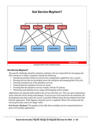 Got Service Mayhem?




                      Service        Service              Service               Service




                                                                                                         Oracle University and The Consultants Network use only
              Application          Application                 Application            Application




                                     Copyright © 2009, Oracle. All rights reserved.



    Got Service Mayhem?
     The specific challenges faced by enterprise architects who are responsible for messaging and
     SOA initiatives in today’s enterprise include the following:
       • Introducing dynamic behavior and run-time configuration capabilities into a system
       • Reusing services that are developed across the enterprise and managing their life cycle
       • Ensuring consistent use of the enterprise services
       • Ensuring that the enterprise services are secure
       • Ensuring that the enterprise services comply with the IT policies
       • Monitoring and auditing service usage and managing system outages
     Applications are typically hard-coded to the services that they use. This can cause maintenance
     issues when the service being used changes. If services are to be used across the enterprise, the
     development team that creates the service is possibly different from the development team that
     built the application. What happens when the service is updated? What if the schema that the
     service previously used is no longer valid?
     Got Service Mayhem? The graphic in the slide shows multiple services connected point-to-
     point with multiple applications.



THESE eKIT MATERIALS ARE FOR YOUR USE IN THIS CLASSROOM ONLY. COPYING eKIT MATERIALS FROM THIS
                               COMPUTER IS STRICTLY PROHIBITED
              Oracle Service Bus 10g R3: Design & Integrate Services for SOA 2 - 26
 