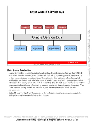 Enter Oracle Service Bus




                     Service        Service              Service               Service




                                                                                                     Oracle University and The Consultants Network use only
                                  Oracle Service Bus


             Application          Application                 Application            Application




                                    Copyright © 2009, Oracle. All rights reserved.



    Enter Oracle Service Bus
     Oracle Service Bus is a configuration-based, policy-driven Enterprise Service Bus (ESB). It
     provides a feature-rich console for dynamic service and policy configuration, as well as for
     system monitoring and operations tasks. Oracle Service Bus facilitates a loosely coupled
     architecture, facilitates enterprisewide reuse of services, and centralizes management—all of
     which results in an improved total cost of ownership. The Oracle Service Bus Console enables
     you to respond rapidly and effectively to changes in your service-oriented environment. With
     OSB, you can loosely couple the services in your enterprise to have a more flexible
     environment.
     Enter Oracle Service Bus: The graphic in the slide depicts multiple services connected to
     multiple applications through Oracle Service Bus.




THESE eKIT MATERIALS ARE FOR YOUR USE IN THIS CLASSROOM ONLY. COPYING eKIT MATERIALS FROM THIS
                               COMPUTER IS STRICTLY PROHIBITED
              Oracle Service Bus 10g R3: Design & Integrate Services for SOA 2 - 27
 