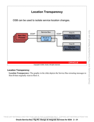 Location Transparency

          OSB can be used to isolate service location changes.




                                                                                                       Oracle University and The Consultants Network use only
                                               Service Bus                              Host A
                               SOAP                                       SOAP
                New Hire                                                               Initialize
                Process                           Route to                          Benefits Service
                                                   HostB

                                                                                        Host B
                                                                                       Initialize
                                                                                    Benefits Service




                                   Copyright © 2009, Oracle. All rights reserved.



    Location Transparency
     Location Transparency: The graphic in the slide depicts the Service Bus rerouting messages to
     Host B that originally went to Host A.




THESE eKIT MATERIALS ARE FOR YOUR USE IN THIS CLASSROOM ONLY. COPYING eKIT MATERIALS FROM THIS
                               COMPUTER IS STRICTLY PROHIBITED
              Oracle Service Bus 10g R3: Design & Integrate Services for SOA 2 - 31
 