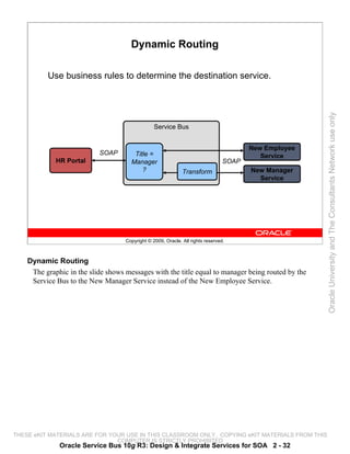 Dynamic Routing

          Use business rules to determine the destination service.




                                                                                                       Oracle University and The Consultants Network use only
                                                 Service Bus


                                                                                        New Employee
                           SOAP        Title =                                             Service
             HR Portal                Manager                                    SOAP
                                          ?                   Transform                 New Manager
                                                                                          Service




                                    Copyright © 2009, Oracle. All rights reserved.



    Dynamic Routing
     The graphic in the slide shows messages with the title equal to manager being routed by the
     Service Bus to the New Manager Service instead of the New Employee Service.




THESE eKIT MATERIALS ARE FOR YOUR USE IN THIS CLASSROOM ONLY. COPYING eKIT MATERIALS FROM THIS
                               COMPUTER IS STRICTLY PROHIBITED
              Oracle Service Bus 10g R3: Design & Integrate Services for SOA 2 - 32
 