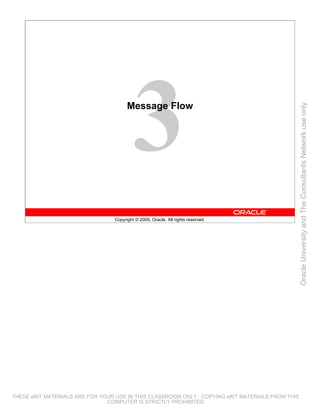 Message Flow




                                                                                                 Oracle University and The Consultants Network use only
                                 Copyright © 2009, Oracle. All rights reserved.




THESE eKIT MATERIALS ARE FOR YOUR USE IN THIS CLASSROOM ONLY. COPYING eKIT MATERIALS FROM THIS
                               COMPUTER IS STRICTLY PROHIBITED
 