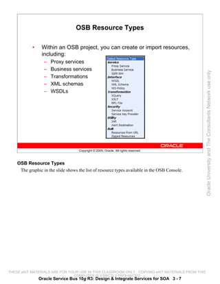 OSB Resource Types

            •    Within an OSB project, you can create or import resources,
                 including:
                  –   Proxy services
                  –   Business services




                                                                                                 Oracle University and The Consultants Network use only
                  –   Transformations
                  –   XML schemas
                  –   WSDLs




                                    Copyright © 2009, Oracle. All rights reserved.



    OSB Resource Types
     The graphic in the slide shows the list of resource types available in the OSB Console.




THESE eKIT MATERIALS ARE FOR YOUR USE IN THIS CLASSROOM ONLY. COPYING eKIT MATERIALS FROM THIS
                               COMPUTER IS STRICTLY PROHIBITED
                Oracle Service Bus 10g R3: Design & Integrate Services for SOA 3 - 7
 