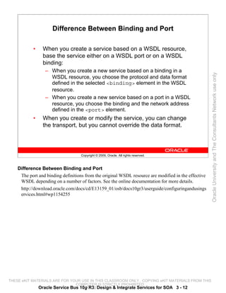Difference Between Binding and Port

           •     When you create a service based on a WSDL resource,
                 base the service either on a WSDL port or on a WSDL
                 binding:
                  – When you create a new service based on a binding in a




                                                                                                      Oracle University and The Consultants Network use only
                    WSDL resource, you choose the protocol and data format
                    defined in the selected <binding> element in the WSDL
                    resource.
                  – When you create a new service based on a port in a WSDL
                    resource, you choose the binding and the network address
                    defined in the <port> element.
           •     When you create or modify the service, you can change
                 the transport, but you cannot override the data format.




                                    Copyright © 2009, Oracle. All rights reserved.



    Difference Between Binding and Port
     The port and binding definitions from the original WSDL resource are modified in the effective
     WSDL depending on a number of factors. See the online documentation for more details.
     http://download.oracle.com/docs/cd/E13159_01/osb/docs10gr3/userguide/configuringandusings
     ervices.html#wp1154255




THESE eKIT MATERIALS ARE FOR YOUR USE IN THIS CLASSROOM ONLY. COPYING eKIT MATERIALS FROM THIS
                               COMPUTER IS STRICTLY PROHIBITED
               Oracle Service Bus 10g R3: Design & Integrate Services for SOA 3 - 12
 
