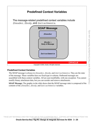 Predefined Context Variables

          The message-related predefined context variables include
          $header, $body, and $attachments.

                                           SOAP Message




                                                                                                       Oracle University and The Consultants Network use only
                                                     $header



                                                     $body –
                                                 Body of Message




                                                $attachments




                                    Copyright © 2009, Oracle. All rights reserved.



    Predefined Context Variables
     The SOAP message is always in $header, $body, and $attachments. They are the state
     of the message. These variables have no fixed type or schema. Outbound messages are
     assembled with these context variables. All are user-modifiable, with one exception. You cannot
     modify binary attachment data, but you can reorder and remove attachments.
     SOAP Message: The graphic in the slide shows that the SOAP message state is composed of the
     contents of the $header, $body, and $attachments variables.




THESE eKIT MATERIALS ARE FOR YOUR USE IN THIS CLASSROOM ONLY. COPYING eKIT MATERIALS FROM THIS
                               COMPUTER IS STRICTLY PROHIBITED
              Oracle Service Bus 10g R3: Design & Integrate Services for SOA 3 - 20
 