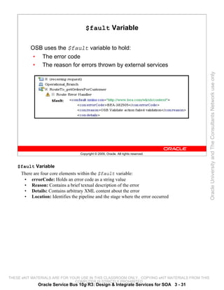 $fault Variable

          OSB uses the $fault variable to hold:
           •     The error code
           •     The reason for errors thrown by external services




                                                                                                 Oracle University and The Consultants Network use only
                                   Copyright © 2009, Oracle. All rights reserved.



    $fault Variable
     There are four core elements within the $fault variable:
      • errorCode: Holds an error code as a string value
      • Reason: Contains a brief textual description of the error
      • Details: Contains arbitrary XML content about the error
      • Location: Identifies the pipeline and the stage where the error occurred




THESE eKIT MATERIALS ARE FOR YOUR USE IN THIS CLASSROOM ONLY. COPYING eKIT MATERIALS FROM THIS
                               COMPUTER IS STRICTLY PROHIBITED
               Oracle Service Bus 10g R3: Design & Integrate Services for SOA 3 - 31
 