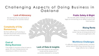 C h a l l e n g i n g A s p e c t s o f D o i n g B u s i n e s s i n
O a k l a n d
Lack of Advocacy
We	
  don’t	
  feel	
  the	
  city	
  understands	
  us	
  
or	
  is	
  looking	
  our	
  for	
  out	
  best	
  interest	
  
Public Safety & Blight
The	
  city-­‐wide	
  safety	
  challenges	
  and	
  increasing	
  
blight	
  are	
  encroaching	
  on	
  our	
  ability	
  to	
  a`ract	
  and	
  
retain	
  business	
  
Cost of
Doing Business
From	
  wages	
  to	
  insurance	
  to	
  fees	
  to	
  taxes	
  to	
  
goods,	
  the	
  costs	
  of	
  doing	
  business	
  are	
  
outpacing	
  our	
  ability	
  to	
  raise	
  prices.	
  
Workforce Challenges
It’s	
  diﬃcult	
  to	
  a`ract	
  qualiﬁed	
  workers	
  and	
  when	
  
we	
  do,	
  many	
  of	
  them	
  leave	
  because	
  they	
  can	
  no	
  
longer	
  aﬀord	
  to	
  live	
  in	
  Oakland.	
  
Complexity of City
Bureaucracy
We	
  ﬁnd	
  it	
  diﬃcult	
  and	
  frustra,ng	
  to	
  
deal	
  with	
  City	
  process	
  and	
  procedures	
  -­‐	
  	
  
it	
  costs	
  us	
  ,me	
  and	
  money.	
  
Rising Rents
Many	
  of	
  us	
  helped	
  to	
  lead	
  Oakland’s	
  
revival,	
  now	
  we	
  are	
  being	
  priced	
  out	
  of	
  
the	
  city	
  we	
  brought	
  back	
  to	
  life.	
  	
  
Lack of Data & Insights
Lack	
  of	
  data	
  about	
  the	
  SB	
  landscape,	
  
trends	
  and	
  the	
  network	
  of	
  of	
  
connec,ons	
  dedicated	
  to	
  serving	
  SB.	
  	
  
 