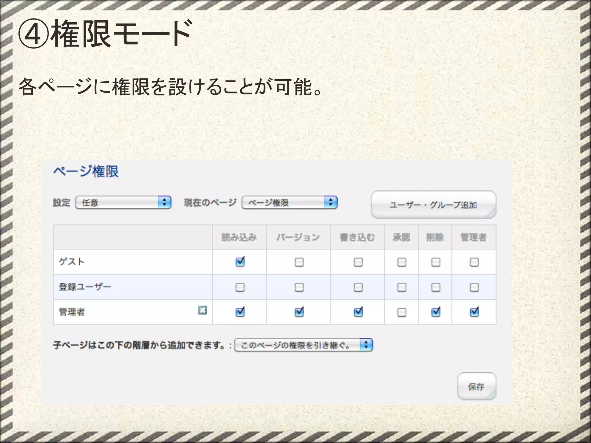 ④権限モード
各ページに権限を設けることが可能。
 