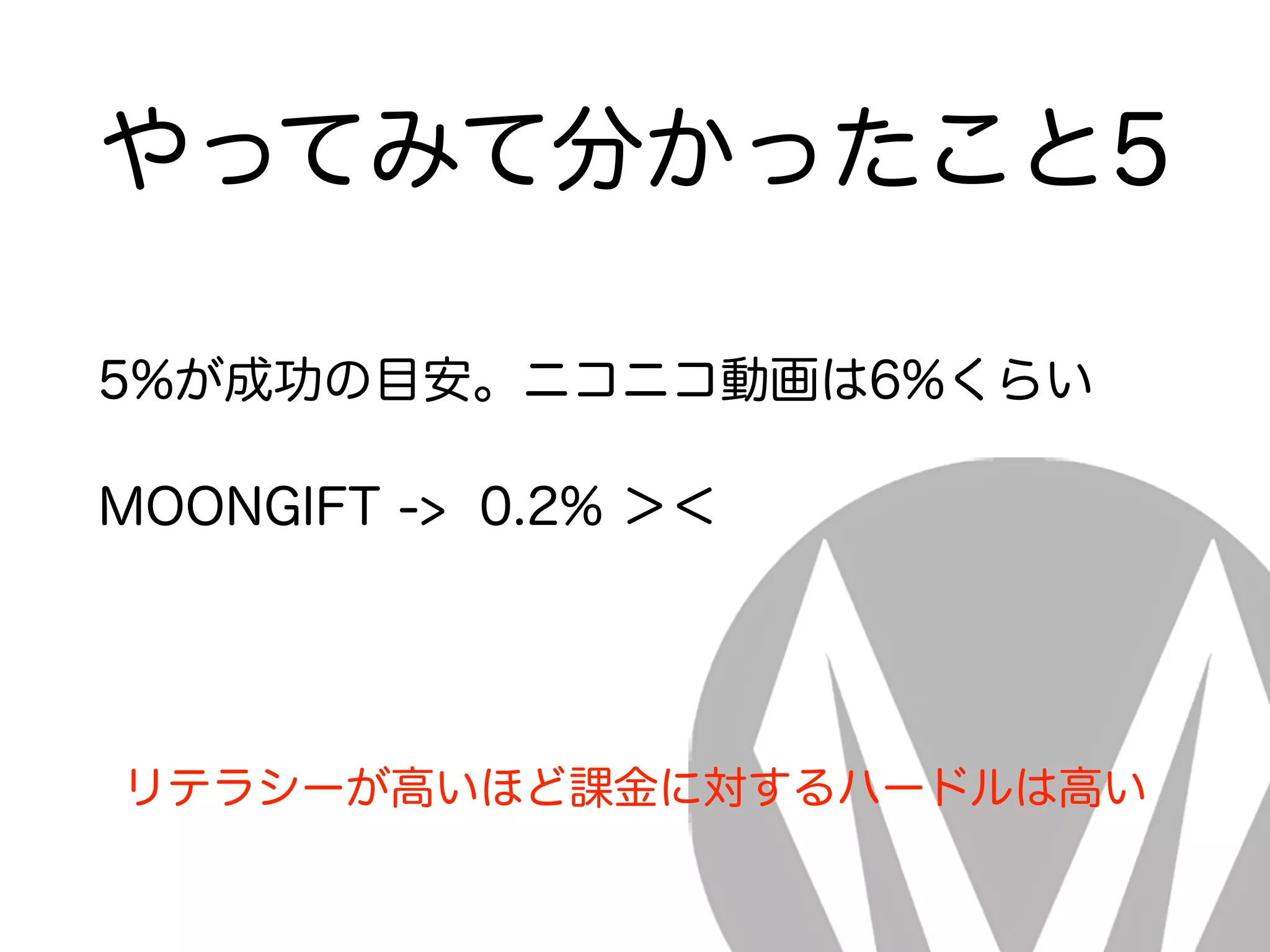 やってみて分かったこと5
5%が成功の目安。ニコニコ動画は6%くらい
MOONGIFT -> 0.2% ＞＜
リテラシーが高いほど課金に対するハードルは高い
 