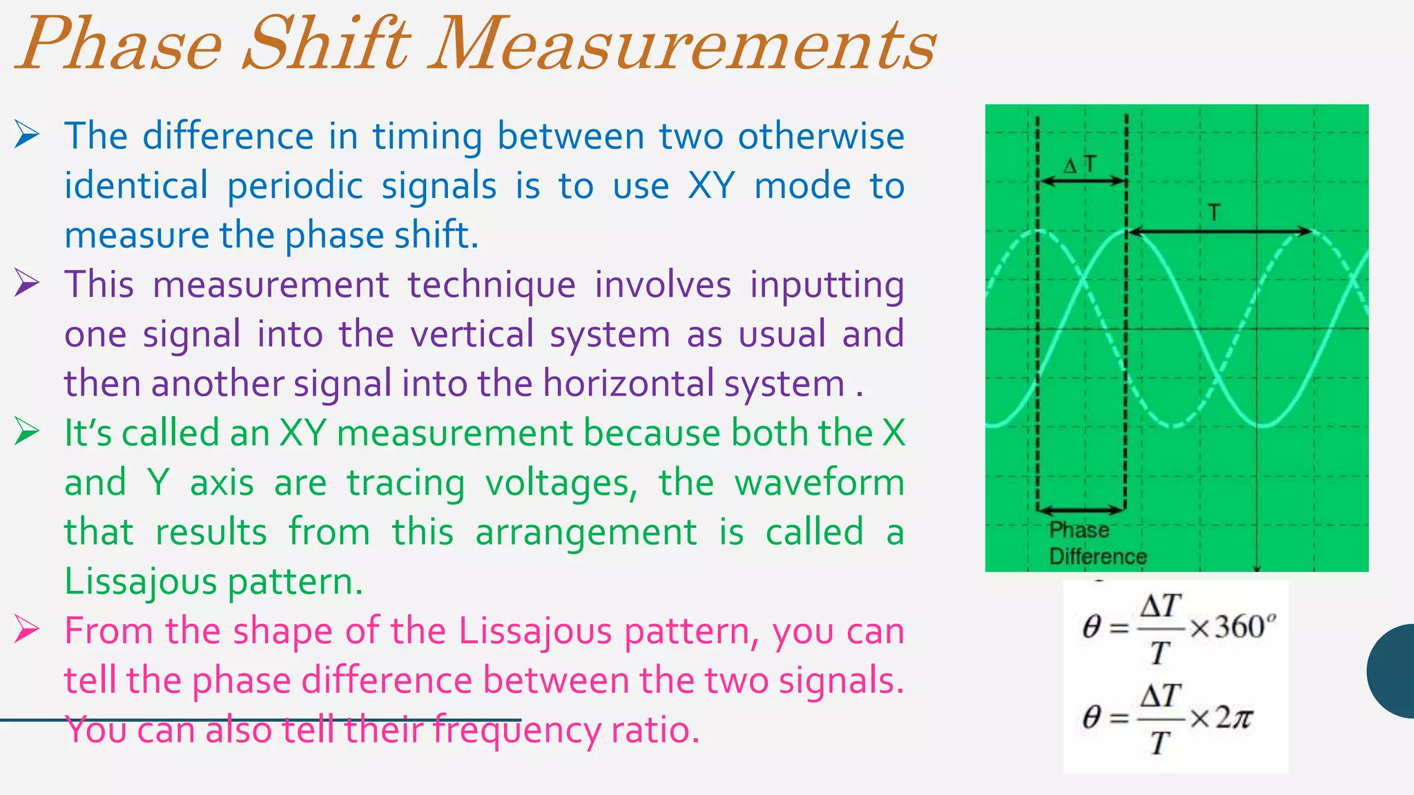 Phase Shift Measurements
 The difference in timing between two otherwise
identical periodic signals is to use XY mode to
measure the phase shift.
 This measurement technique involves inputting
one signal into the vertical system as usual and
then another signal into the horizontal system .
 It’s called an XY measurement because both the X
and Y axis are tracing voltages, the waveform
that results from this arrangement is called a
Lissajous pattern.
 From the shape of the Lissajous pattern, you can
tell the phase difference between the two signals.
You can also tell their frequency ratio.
 