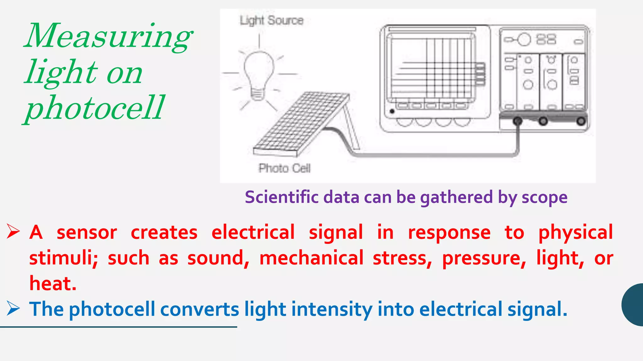 Measuring
light on
photocell
 A sensor creates electrical signal in response to physical
stimuli; such as sound, mechanical stress, pressure, light, or
heat.
 The photocell converts light intensity into electrical signal.
Scientific data can be gathered by scope
 