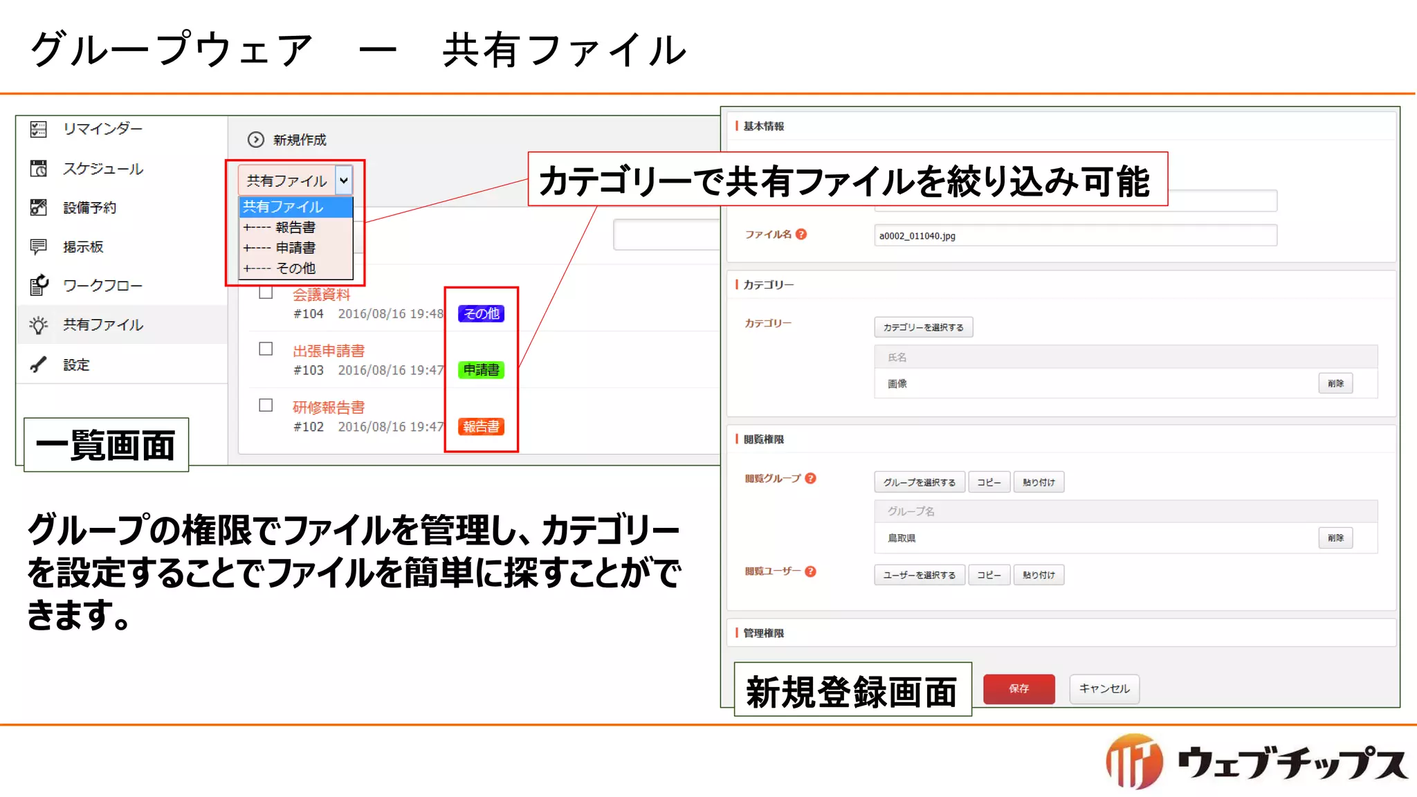 グループウェア ー 共有ファイル
一覧画面
新規登録画面
カテゴリーで共有ファイルを絞り込み可能
グループの権限でファイルを管理し、カテゴリー
を設定することでファイルを簡単に探すことがで
きます。
 