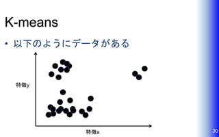 K-means
• 以下のようにデータがある
30特徴x
特徴y
 