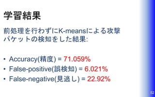 学習結果
前処理を行わずにK-meansによる攻撃
パケットの検知をした結果:
• Accuracy(精度) = 71.059%
• False-positive(誤検知) = 6.021%
• False-negative(見逃し) = 22.92%
52
 