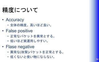 精度について
• Accuracy
− 全体の精度。高いほど良い。
• False positive
− 正常なパケットを異常とする。
− 低いほど実運用しやすい。
• Flase negative
− 異常な(攻撃)パケットを正常とする。
− 低くないと使い物にならない。
54
 