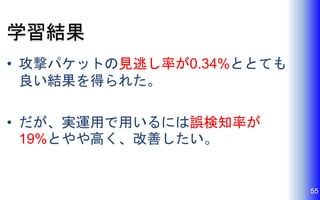 学習結果
• 攻撃パケットの見逃し率が0.34%ととても
良い結果を得られた。
• だが、実運用で用いるには誤検知率が
19%とやや高く、改善したい。
55
 