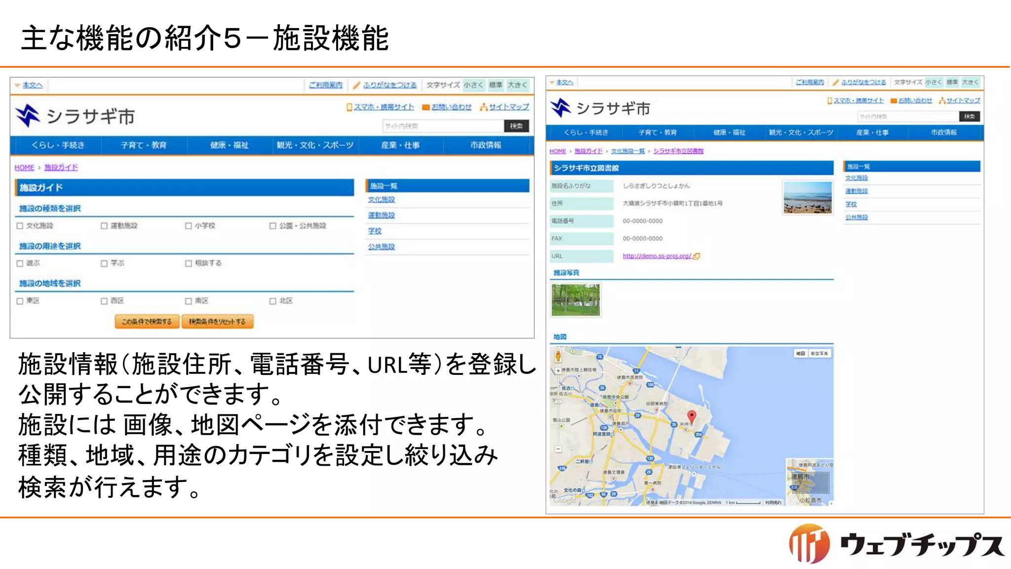 主な機能の紹介５－施設機能
施設情報（施設住所、電話番号、URL等）を登録し
公開することができます。
施設には 画像、地図ページを添付できます。
種類、地域、用途のカテゴリを設定し絞り込み
検索が行えます。
 