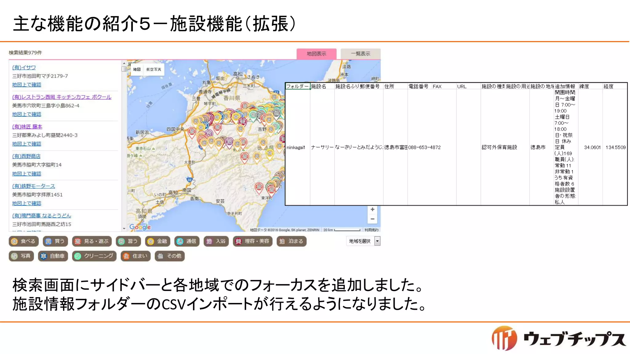 主な機能の紹介５－施設機能（拡張）
検索画面にサイドバーと各地域でのフォーカスを追加しました。
施設情報フォルダーのCSVインポートが行えるようになりました。
 