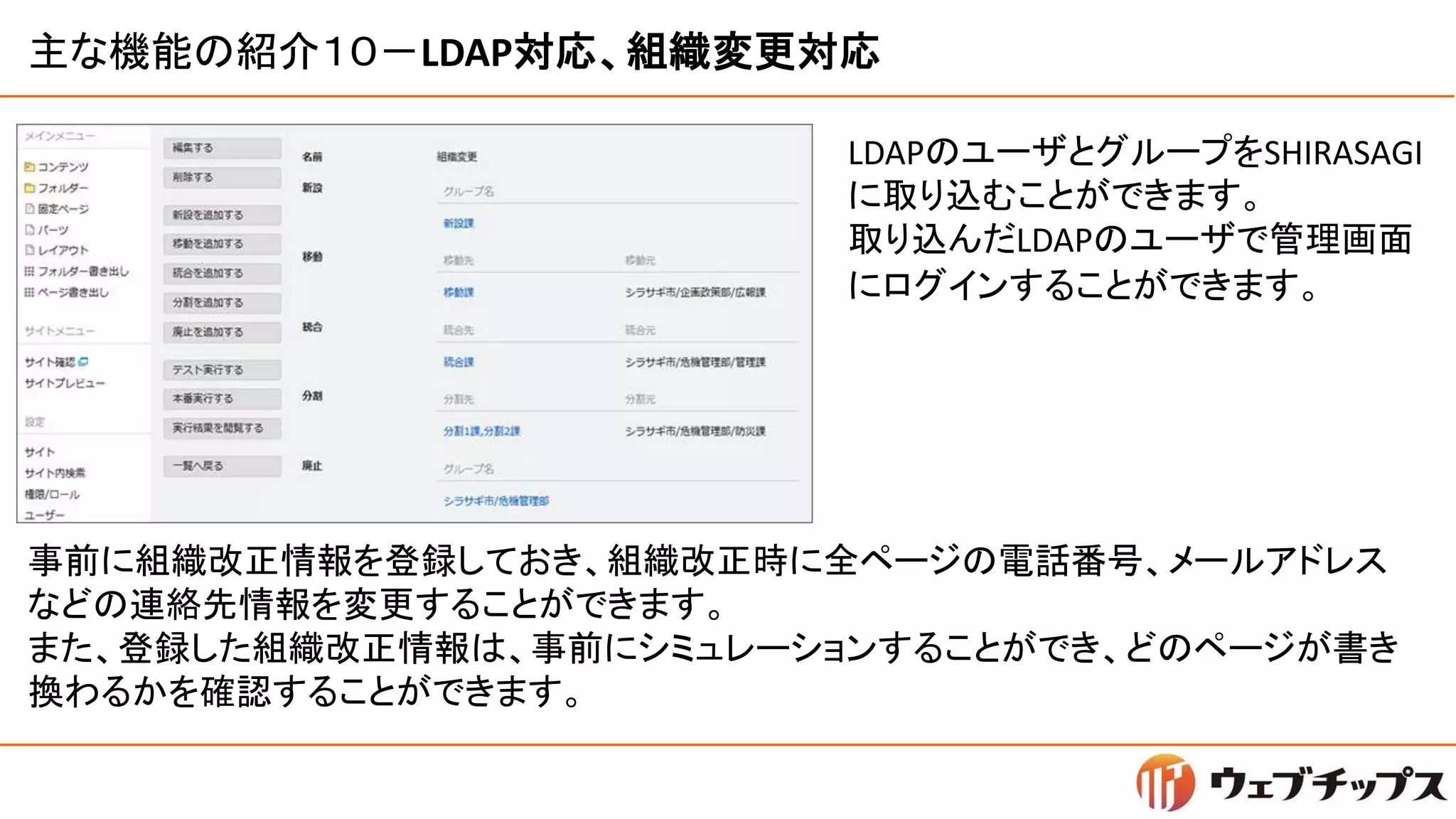 主な機能の紹介１０－LDAP対応、組織変更対応
LDAPのユーザとグループをSHIRASAGI
に取り込むことができます。
取り込んだLDAPのユーザで管理画面
にログインすることができます。
事前に組織改正情報を登録しておき、組織改正時に全ページの電話番号、メールアドレス
などの連絡先情報を変更することができます。
また、登録した組織改正情報は、事前にシミュレーションすることができ、どのページが書き
換わるかを確認することができます。
 