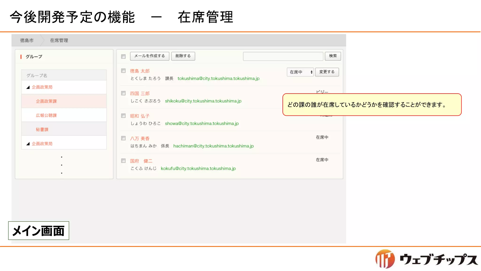 今後開発予定の機能 － 在席管理
メイン画面
どの課の誰が在席しているかどうかを確認することができます。
 