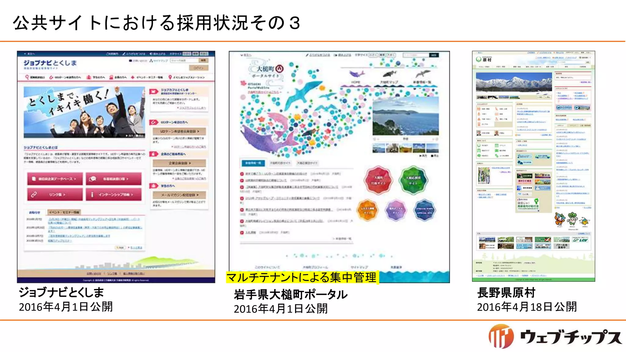 公共サイトにおける採用状況その３
ジョブナビとくしま
2016年4月1日公開
岩手県大槌町ポータル
2016年4月1日公開
長野県原村
2016年4月18日公開
マルチテナントによる集中管理
 