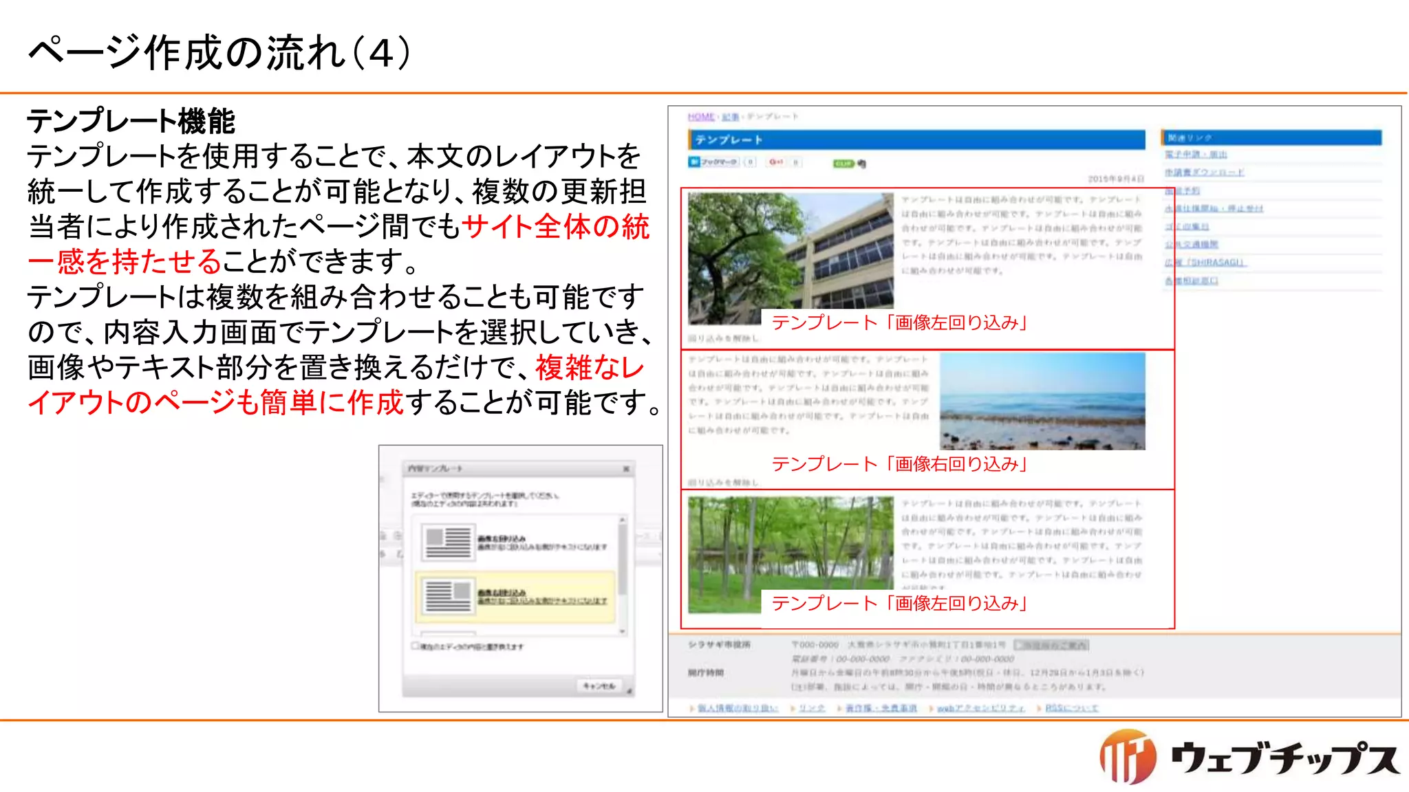 ページ作成の流れ（４）
テンプレート機能
テンプレートを使用することで、本文のレイアウトを
統一して作成することが可能となり、複数の更新担
当者により作成されたページ間でもサイト全体の統
一感を持たせることができます。
テンプレートは複数を組み合わせることも可能です
ので、内容入力画面でテンプレートを選択していき、
画像やテキスト部分を置き換えるだけで、複雑なレ
イアウトのページも簡単に作成することが可能です。
テンプレート「画像左回り込み」
テンプレート「画像右回り込み」
テンプレート「画像左回り込み」
 