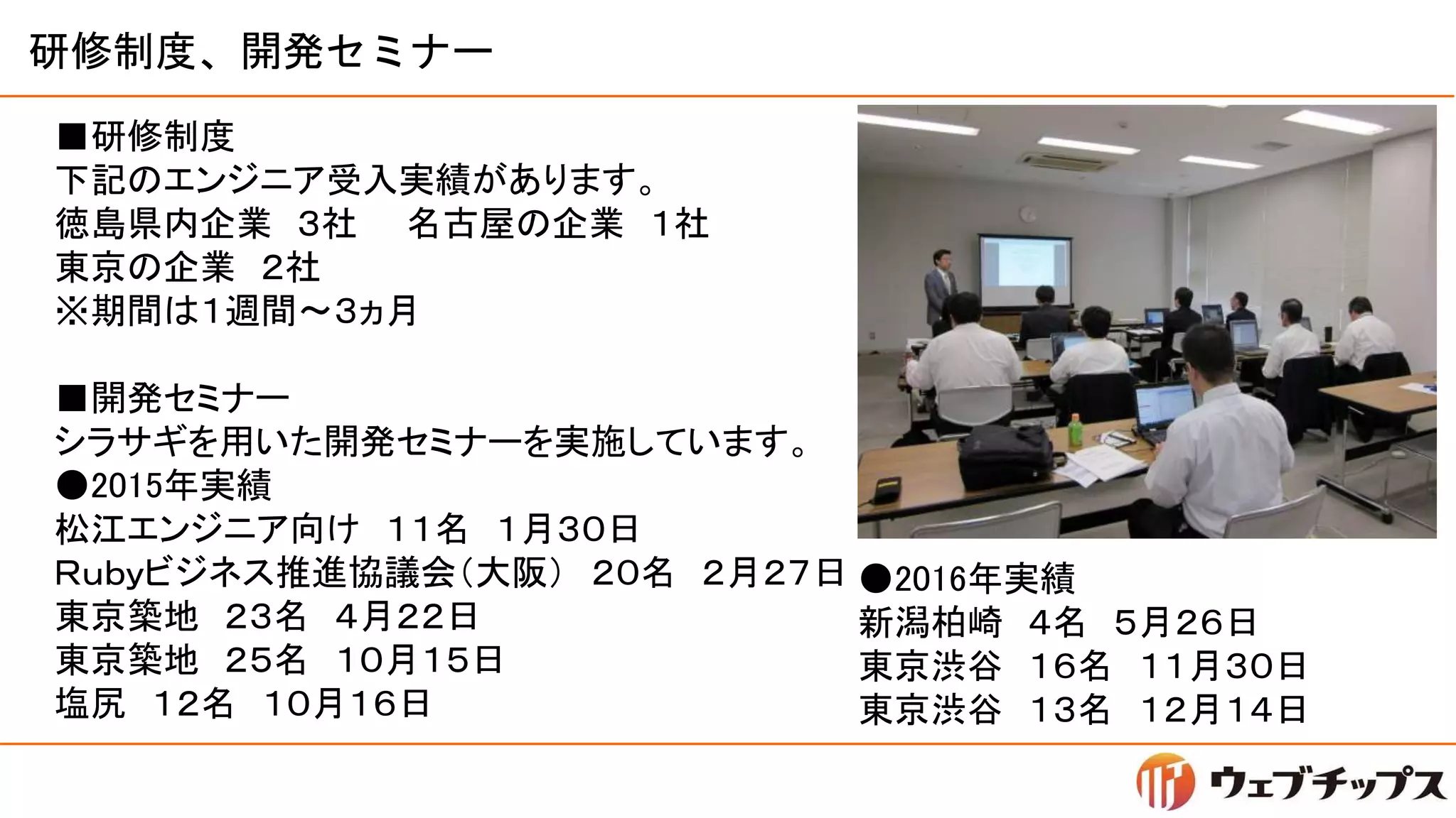 研修制度、開発セミナー
■研修制度
下記のエンジニア受入実績があります。
徳島県内企業 ３社 名古屋の企業 １社
東京の企業 ２社
※期間は１週間～３ヵ月
■開発セミナー
シラサギを用いた開発セミナーを実施しています。
●2015年実績
松江エンジニア向け １１名 １月３０日
Ｒｕｂｙビジネス推進協議会（大阪） ２０名 ２月２７日
東京築地 ２３名 ４月２２日
東京築地 ２５名 １０月１５日
塩尻 １２名 １０月１６日
●2016年実績
新潟柏崎 ４名 ５月２６日
東京渋谷 １６名 １１月３０日
東京渋谷 １３名 １２月１４日
 