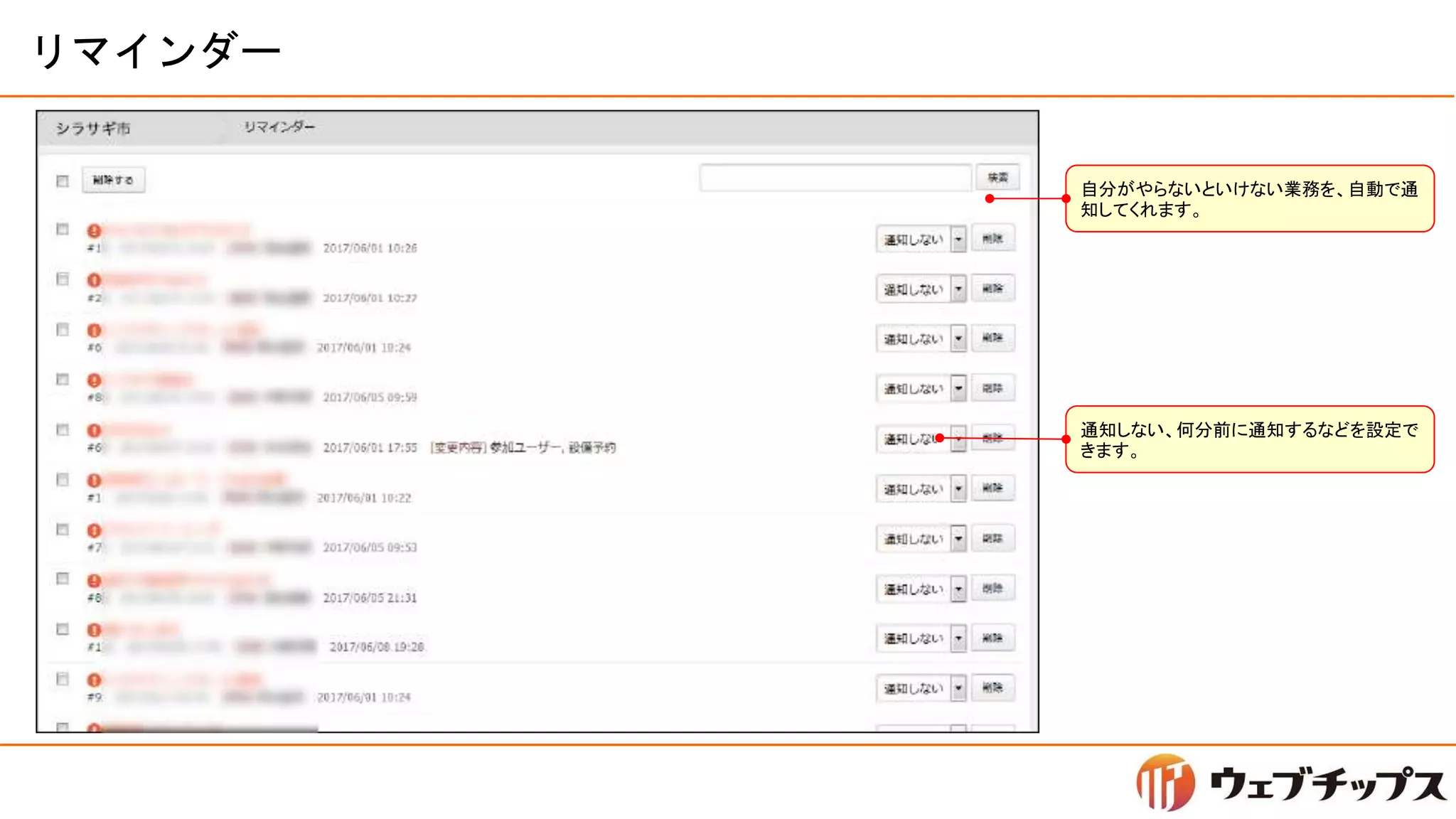リマインダー
自分がやらないといけない業務を、自動で通
知してくれます。
通知しない、何分前に通知するなどを設定で
きます。
 