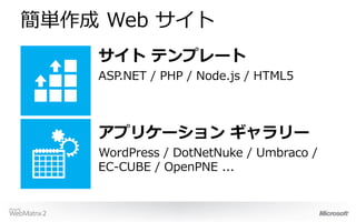 簡単作成 Web サイト
    サイト テンプレート
    ASP.NET / PHP / Node.js / HTML5



    アプリケーション ギャラリー
    WordPress / DotNetNuke / Umbraco /
    EC-CUBE / OpenPNE ...
 