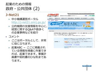 起業のための情報
政府・公共団体 (2)
J-Net21
     中小機構運営ポータル
      http://j-net21.smrj.go.jp/
     公的機関の支援情報を中心に、
      経営に関するQ&Aや数多く
      の企業事例などを紹介
   コメント
     ここはポータルとして、非常
      に役に立ちます。
     起業ABC － ここに掲載され
      ている情報を順番に作業でき
      れば、起業できます。事業計
      画書や契約書のひな形まであ
      ります。
 