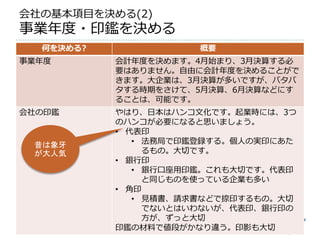 会社の基本項目を決める(2)
事業年度・印鑑を決める
  何を決める?              概要
事業年度       会計年度を決めます。4月始まり、3月決算する必
           要はありません。自由に会計年度を決めることがで
           きます。大企業は、3月決算が多いですが、バタバ
           タする時期をさけて、5月決算、6月決算などにす
           ることは、可能です。
会社の印鑑      やはり、日本はハンコ文化です。起業時には、3つ
           のハンコが必要になると思いましょう。
           • 代表印
 昔は象牙         • 法務局で印鑑登録する。個人の実印にあた
 が大人気           るもの。大切です。
           • 銀行印
              • 銀行口座用印鑑。これも大切です。代表印
                と同じものを使っている企業も多い
           • 角印
              • 見積書、請求書などで捺印するもの。大切
                でないとはいわないが、代表印、銀行印の
                方が、ずっと大切
           印鑑の材料で値段がかなり違う。印影も大切
 