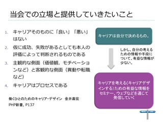 当会での立場と提供していきたいこと

1.    キャリアそのものに「良い」「悪い」
                              キャリアは自分で決めるもの。
      はない
2.    仮に成功、失敗があるとしても本人の             しかし、自分の考える
      評価によって判断されるものである              ための情報や手段に
                                    ついて、有益な情報が
3.    主観的な側面（価値観、モチベーショ             少ない。

      ンなど）と客観的な側面（異動や転職
      など）
                              キャリアを考える(キャリアデザ
4.    キャリアはプロセスである
                              インする）ための有益な情報を
                              セミナー、ウェブなどを通じて
     働くひとのためのキャリア・デザイン 金井壽宏       発信していく
     PHP新書, P137
 
