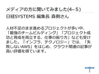 メディアの方に聞いてみました(4-５) 
⽇日経SYSTEMS 編集⻑⾧長 森側さん 
 
⼈人材不不⾜足のまま進めるプロジェクトが多い中、 
「最強のチームビルディング」「プロジェクト成 
功と育成を両⽴立立する、仕事の振り⽅方」なども受け 
ました。「インフラ、テクノロジー」では、「失 
敗しないAWS」をはじめ、クラウド関連の記事が 
⾼高い評価を得ています。 
 