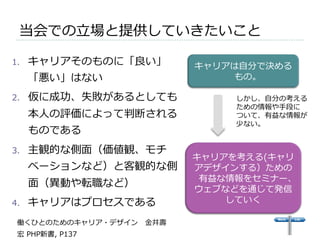 当会での⽴立立場と提供していきたいこと 
1. キャリアそのものに「良良い」 
「悪い」はない 
2. 仮に成功、失敗があるとしても 
本⼈人の評価によって判断される 
ものである 
3. 主観的な側⾯面（価値観、モチ 
ベーションなど）と客観的な側 
⾯面（異異動や転職など） 
4. キャリアはプロセスである 
 
キャリアは⾃自分で決める 
もの。 
しかし、⾃自分の考える 
ための情報や⼿手段に 
ついて、有益な情報が 
少ない。 
キャリアを考える(キャリ 
アデザインする）ための 
有益な情報をセミナー、 
ウェブなどを通じて発信 
していく 
働くひとのためのキャリア・デザイン ⾦金金井壽 
宏 PHP新書, P137 
 