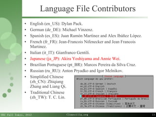 13
OSC Fall Tokyo, 2012 Clonezilla.org
Language File Contributors
● English (en_US): Dylan Pack.
● German (de_DE): Michael...