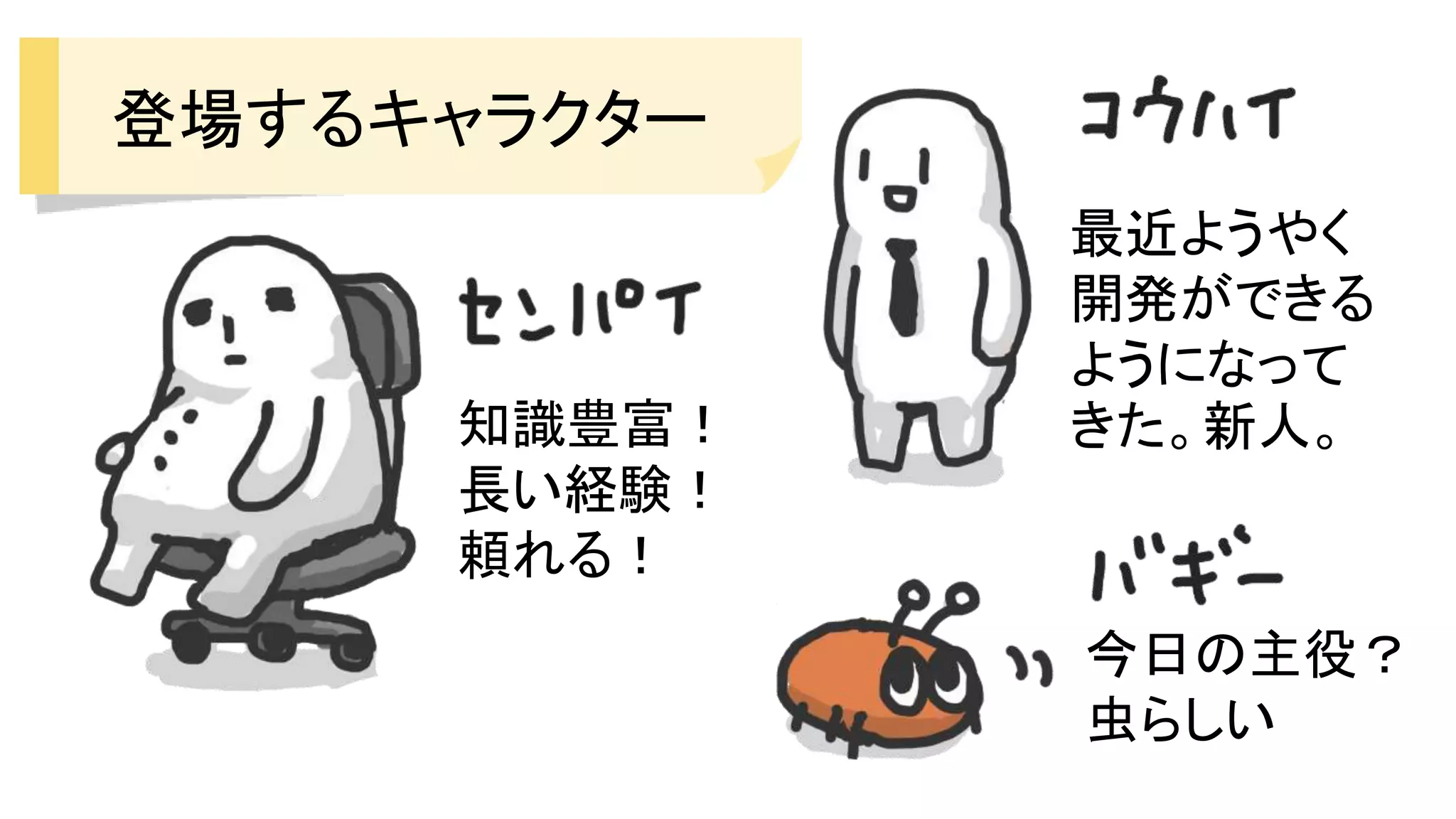 登場するキャラクター
知識豊富！
長い経験！
頼れる！
最近ようやく
開発ができる
ようになって
きた。新人。
今日の主役？
虫らしい
 