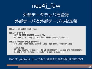 47
neo4j_fdw
外部データラッパを登録
外部サーバと外部テーブルを定義
CREATE EXTENSION neo4j_fdw;
CREATE SERVER foo
FOREIGN DATA WRAPPER neo4j_fdw
OPTIONS (url 'http://localhost:7474/db/data/cypher');
CREATE FOREIGN TABLE persons (
uid text, name text, gender text, age text, company text
)
SERVER foo
OPTIONS (query '{"query":"MATCH (c:company)-[e:employ]->(p:person)
RETURN p.nid, p.name, p.gender, p.age, c.name"}');
あとは persons テーブルに SELECT 文を発行すれば OK!
 