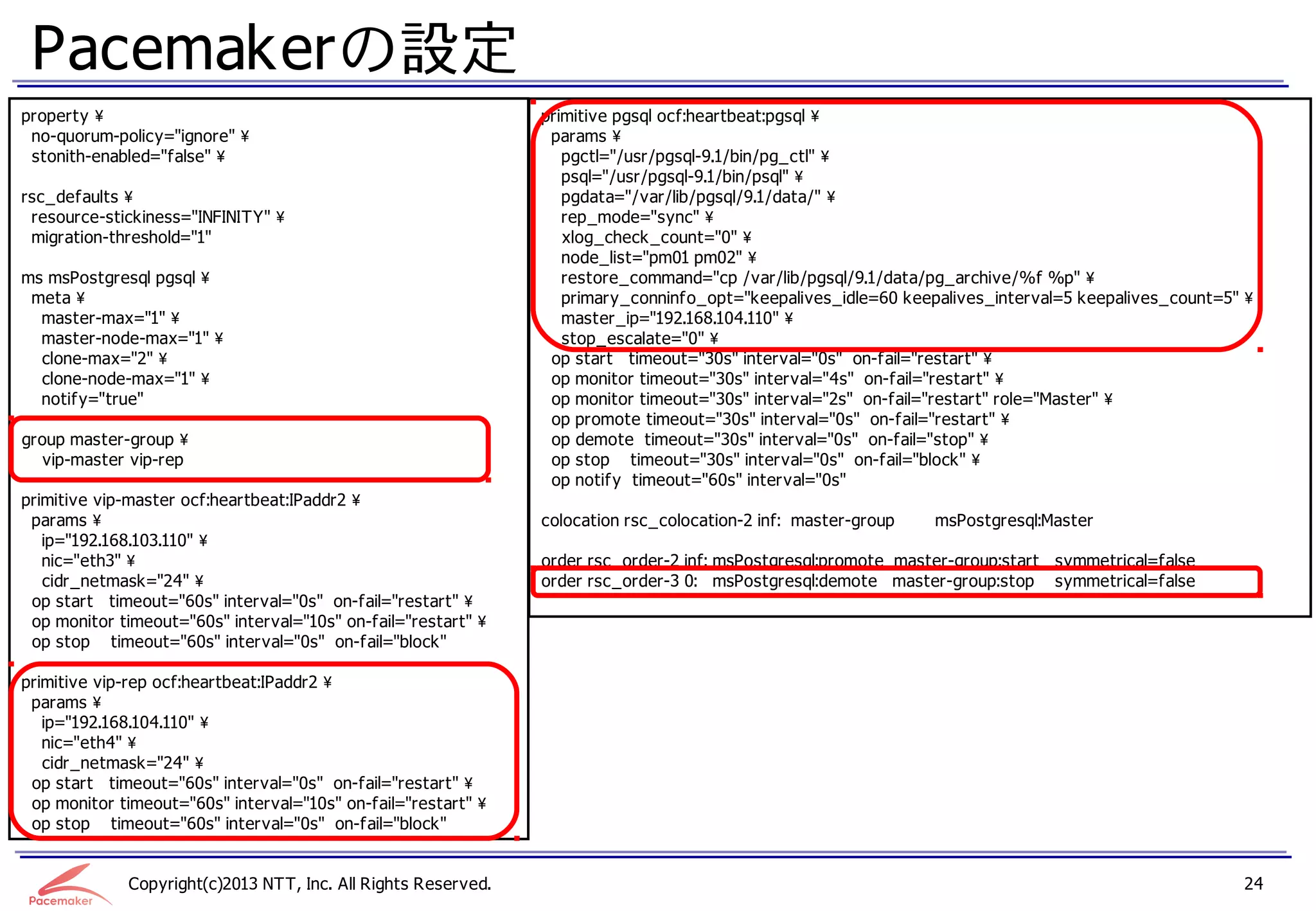 Pacemakerの設定
property                                                      primitive pgsql ocf:heartbeat:pgsql 
 no-quorum-policy="ignore"                                     params 
 stonith-enabled="false"                                         pgctl="/usr/pgsql-9.1/bin/pg_ctl" 
                                                                  psql="/usr/pgsql-9.1/bin/psql" 
rsc_defaults                                                     pgdata="/var/lib/pgsql/9.1/data/" 
 resource-stickiness="INFINITY"                                  rep_mode="sync" 
 migration-threshold="1"                                          xlog_check_count="0" 
                                                                  node_list="pm01 pm02" 
ms msPostgresql pgsql                                            restore_command="cp /var/lib/pgsql/9.1/data/pg_archive/%f %p" 
 meta                                                            primary_conninfo_opt="keepalives_idle=60 keepalives_interval=5 keepalives_count=5" 
  master-max="1"                                                 master_ip="192.168.104.110" 
  master-node-max="1"                                            stop_escalate="0" 
  clone-max="2"                                                op start timeout="30s" interval="0s" on-fail="restart" 
  clone-node-max="1"                                           op monitor timeout="30s" interval="4s" on-fail="restart" 
  notify="true"                                                 op monitor timeout="30s" interval="2s" on-fail="restart" role="Master" 
                                                                op promote timeout="30s" interval="0s" on-fail="restart" 
group master-group                                             op demote timeout="30s" interval="0s" on-fail="stop" 
  vip-master vip-rep                                            op stop timeout="30s" interval="0s" on-fail="block" 
                                                                op notify timeout="60s" interval="0s"
primitive vip-master ocf:heartbeat:IPaddr2 
 params                                                       colocation rsc_colocation-2 inf: master-group   msPostgresql:Master
   ip="192.168.103.110" 
   nic="eth3"                                                 order rsc_order-2 inf: msPostgresql:promote master-group:start symmetrical=false
   cidr_netmask="24"                                          order rsc_order-3 0: msPostgresql:demote master-group:stop symmetrical=false
 op start timeout="60s" interval="0s" on-fail="restart" 
 op monitor timeout="60s" interval="10s" on-fail="restart" 
 op stop timeout="60s" interval="0s" on-fail="block"

primitive vip-rep ocf:heartbeat:IPaddr2 
 params 
   ip="192.168.104.110" 
   nic="eth4" 
   cidr_netmask="24" 
 op start timeout="60s" interval="0s" on-fail="restart" 
 op monitor timeout="60s" interval="10s" on-fail="restart" 
 op stop timeout="60s" interval="0s" on-fail="block"


             Copyright(c)2013 NTT, Inc. All Rights Reserved.                                                                                        24
 