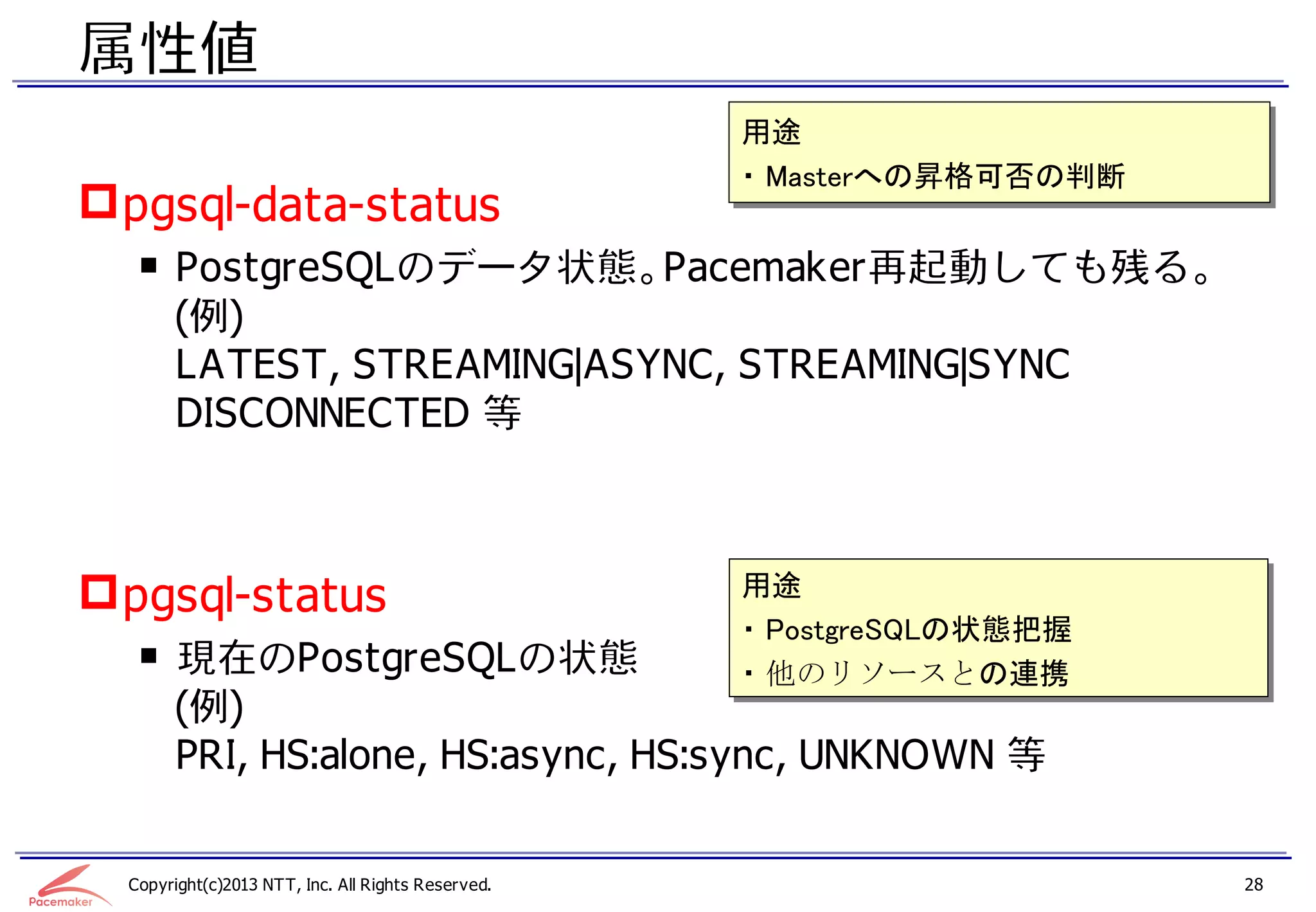 属性値
                                                    用途
                                                    用途
                                                    ・ Masterへの昇格可否の判断
                                                    ・ Masterへの昇格可否の判断
 pgsql-data-status
   ￭ PostgreSQLのデータ状態。Pacemaker再起動しても残る。
     (例)
     LATEST, STREAMING|ASYNC, STREAMING|SYNC
     DISCONNECTED 等



 pgsql-status                                      用途
                                                    用途
                                                    ・ PostgreSQLの状態把握
                                                    ・ PostgreSQLの状態把握
   ￭ 現在のPostgreSQLの状態                               ・ 他のリソースとの連携
                                                    ・ 他のリソースとの連携
     (例)
     PRI, HS:alone, HS:async, HS:sync, UNKNOWN 等


  Copyright(c)2013 NTT, Inc. All Rights Reserved.                       28
 
