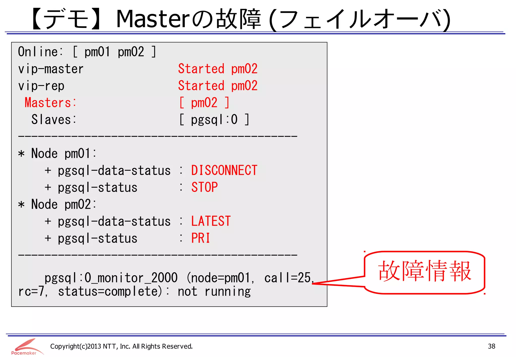 【デモ】 Masterの故障 (フェイルオーバ)
Online: [ pm01 pm02 ]
vip-master              Started pm02
vip-rep                 Started pm02
 Masters:               [ pm02 ]
  Slaves:               [ pgsql:0 ]
------------------------------------------
* Node pm01:
    + pgsql-data-status : DISCONNECT
    + pgsql-status      : STOP
* Node pm02:
    + pgsql-data-status : LATEST
    + pgsql-status      : PRI
------------------------------------------
    pgsql:0_monitor_2000 (node=pm01, call=25,         故障情報
rc=7, status=complete): not running


    Copyright(c)2013 NTT, Inc. All Rights Reserved.          38
 