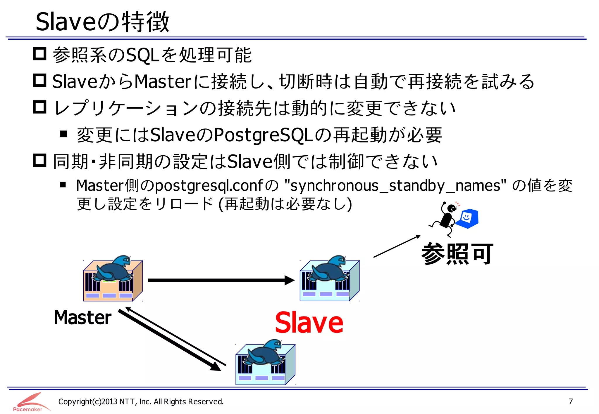 Slaveの特徴
 参照系のSQLを処理可能
 SlaveからMasterに接続し、切断時は自動で再接続を試みる
 レプリケーションの接続先は動的に変更できない
   ￭ 変更にはSlaveのPostgreSQLの再起動が必要
 同期・非同期の設定はSlave側では制御できない
 ￭ Master側のpostgresql.confの "synchronous_standby_names" の値を変
   更し設定をリロード (再起動は必要なし)


                                                           参照可

 Master                                            Slave

 Copyright(c)2013 NTT, Inc. All Rights Reserved.                 7
 