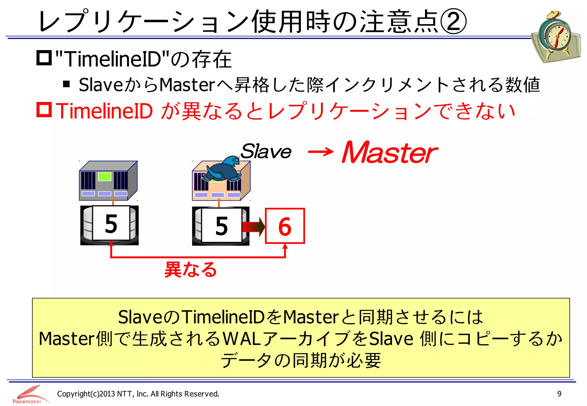 レプリケーション使用時の注意点②
 "TimelineID"の存在
  ￭ SlaveからMasterへ昇格した際インクリメントされる数値
 TimelineID が異なるとレプリケーションできない
                                                   Slave   → Master

              5                               5       6
                                異なる

       SlaveのTimelineIDをMasterと同期させるには
Master側で生成されるWALアーカイブをSlave 側にコピーするか
                 データの同期が必要
 Copyright(c)2013 NTT, Inc. All Rights Reserved.                      9
 