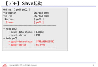 【デモ】 Slave起動
Online: [ pm01 pm02 ]
vip-master              Started pm01
vip-rep                 Started pm01
 Masters:               [ pm01 ]
  Slaves:               [ pm02 ]
------------------------------------------
* Node pm01:
    + pgsql-data-status : LATEST
    + pgsql-status      : PRI
* Node pm02:
    + pgsql-data-status : STREAMING|SYNC
    + pgsql-status      : HS:sync
------------------------------------------




    Copyright(c)2013 NTT, Inc. All Rights Reserved.   32
 